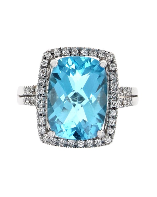Blue Topaz and Diamond Halo Ring in White Gold